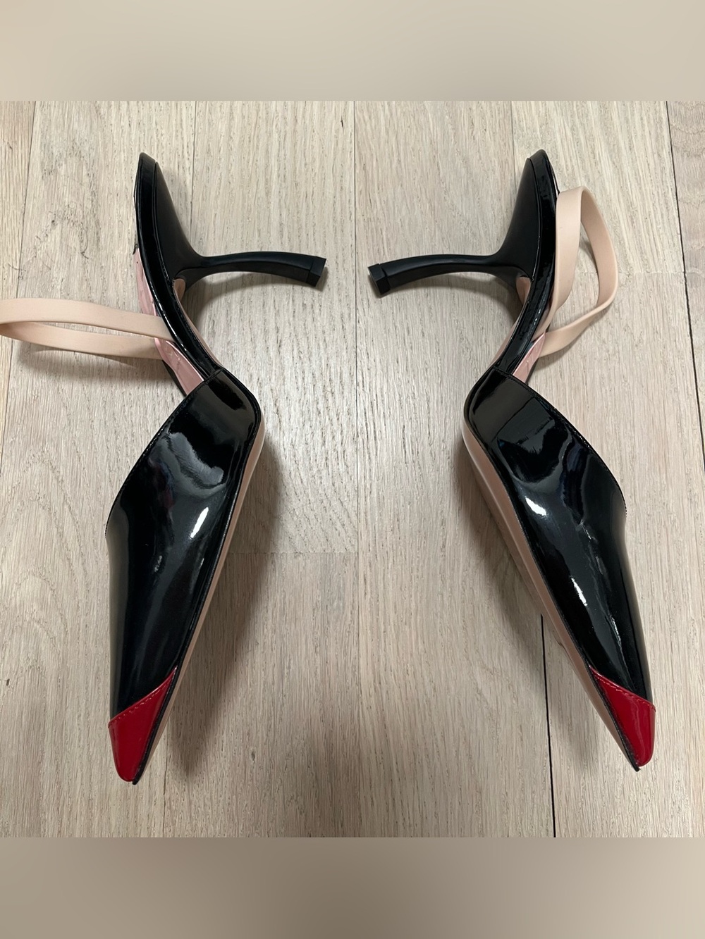 Piferi Black Patent Pointed-Toe Slingback 3" Pumps with Red Tip.  Never worn. - Picture 3 of 5